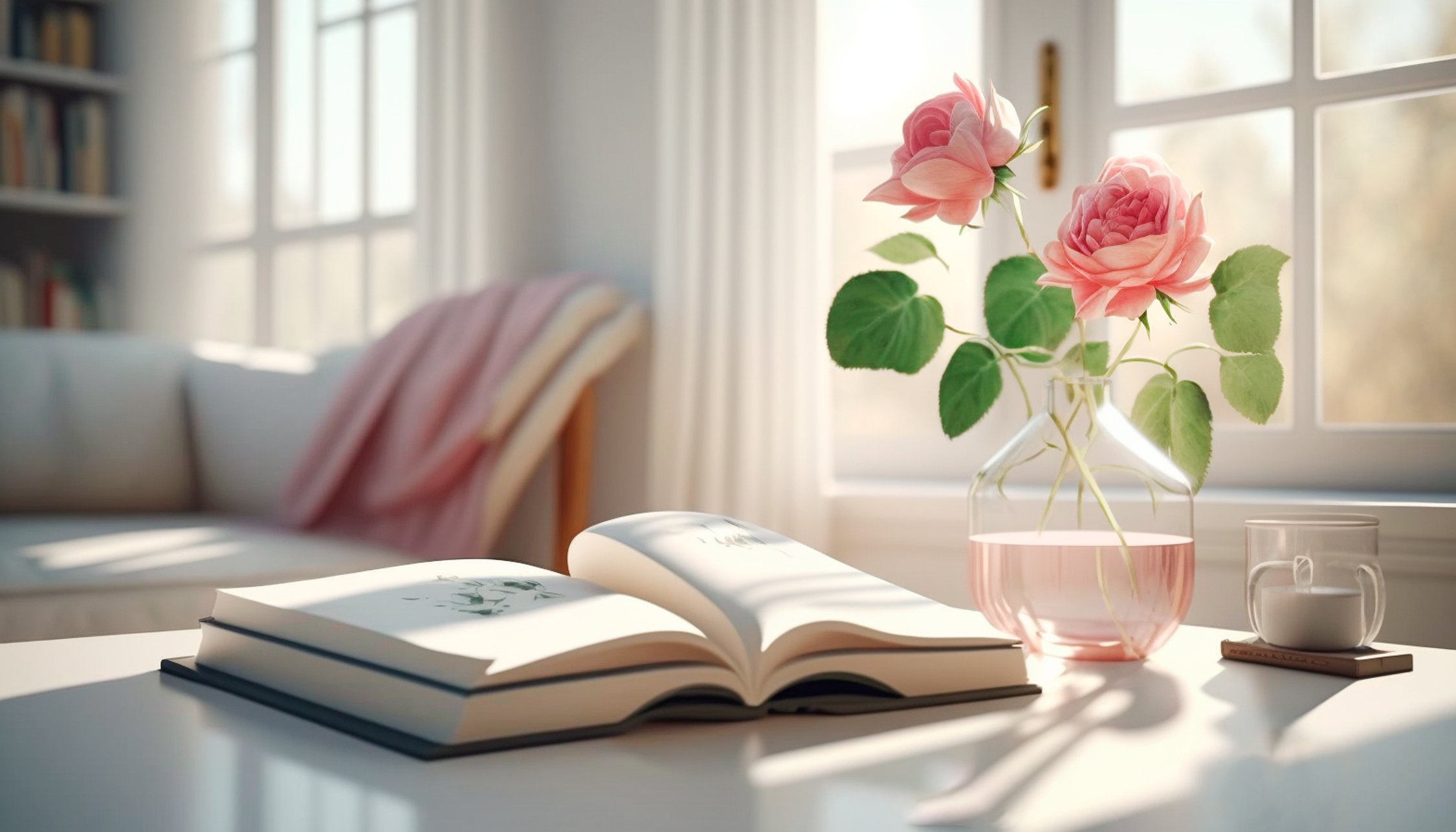 An open book, pink fragrant roses in a glass vase, and a cup of water on a white table. Sunlight falls through the window in the beautiful living room